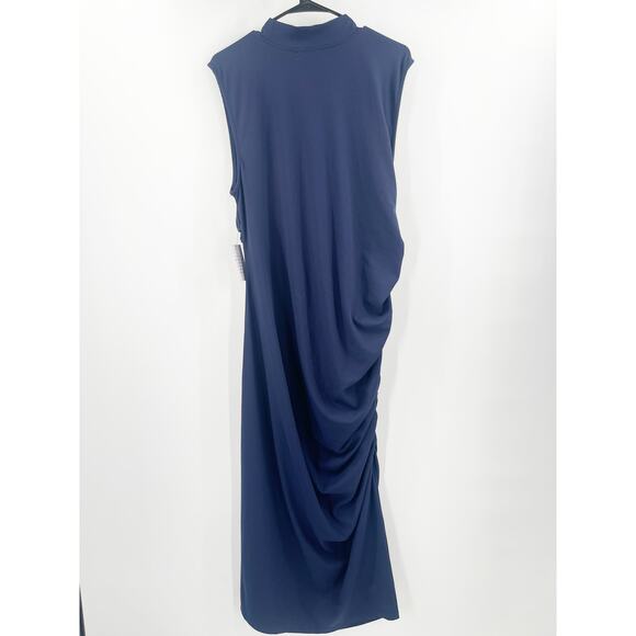 ELOQUII Dress Size 20 Navy NWT Midi Stretch Sleeveless Ruched Bodycon Plus Curvy - Picture 3 of 15